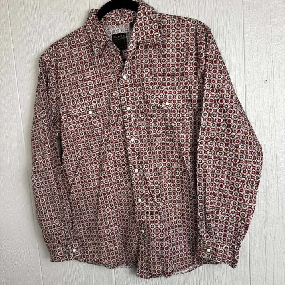 Roper Teen Boys Western Pearl Snap Shirt Orange Printed Size XL or 16/18 Rodeo